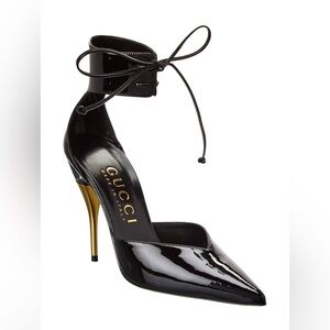 Gucci Women's Black and Gold Heeled Laced up Ankle Cuff Pump